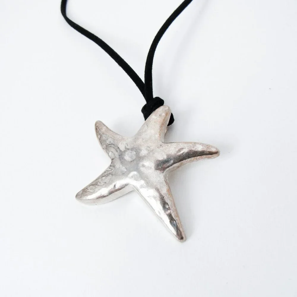 VINTAGE SILVER STAR METAL PENDANT NECKLACE Black Leather Lace Summer Jewelry - Picture 2 of 7